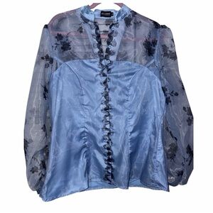 Chic Blue Sheer Blouse with Floral Details